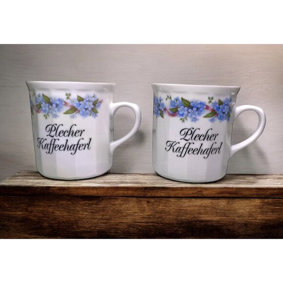 Set Of 2 German Coffee Mug Plecher Kaffeehaferl White With Floral Print Germany - Picture 1 of 9